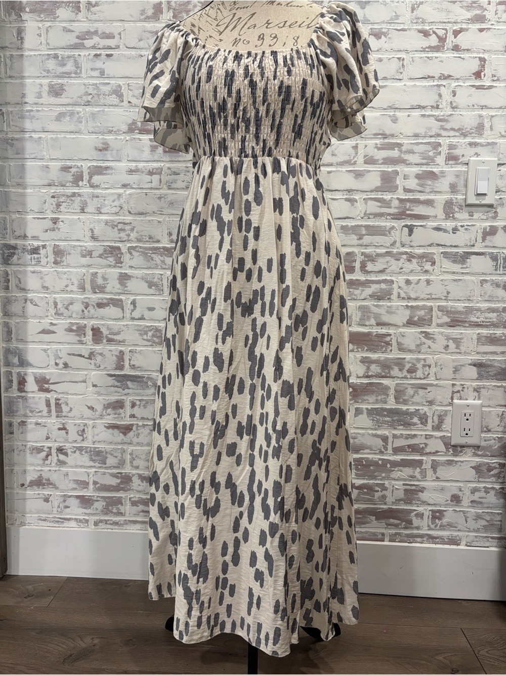 A.Mar Apparel Smocked Midi Dress Open Tie Back Puff Sleeve Boho